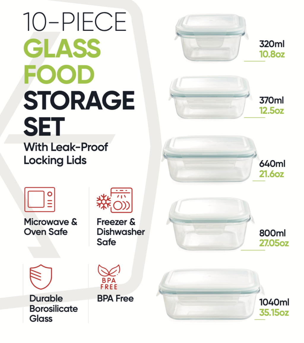10-Piece Glass Food Storage Containers with Airtight Locking Lids