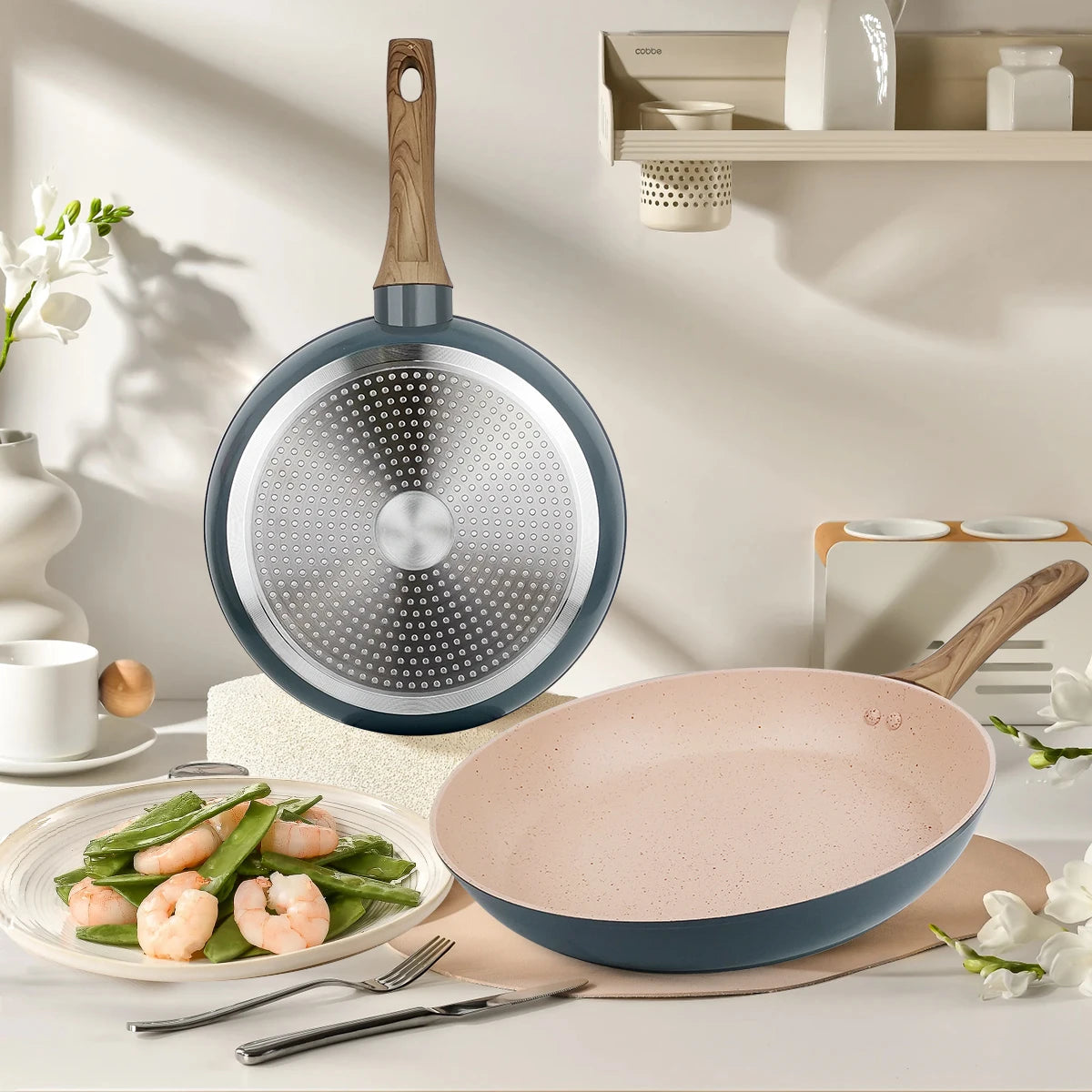 20/24/28cm Colorful Frying Pan with Wooden Handle, Nonstick