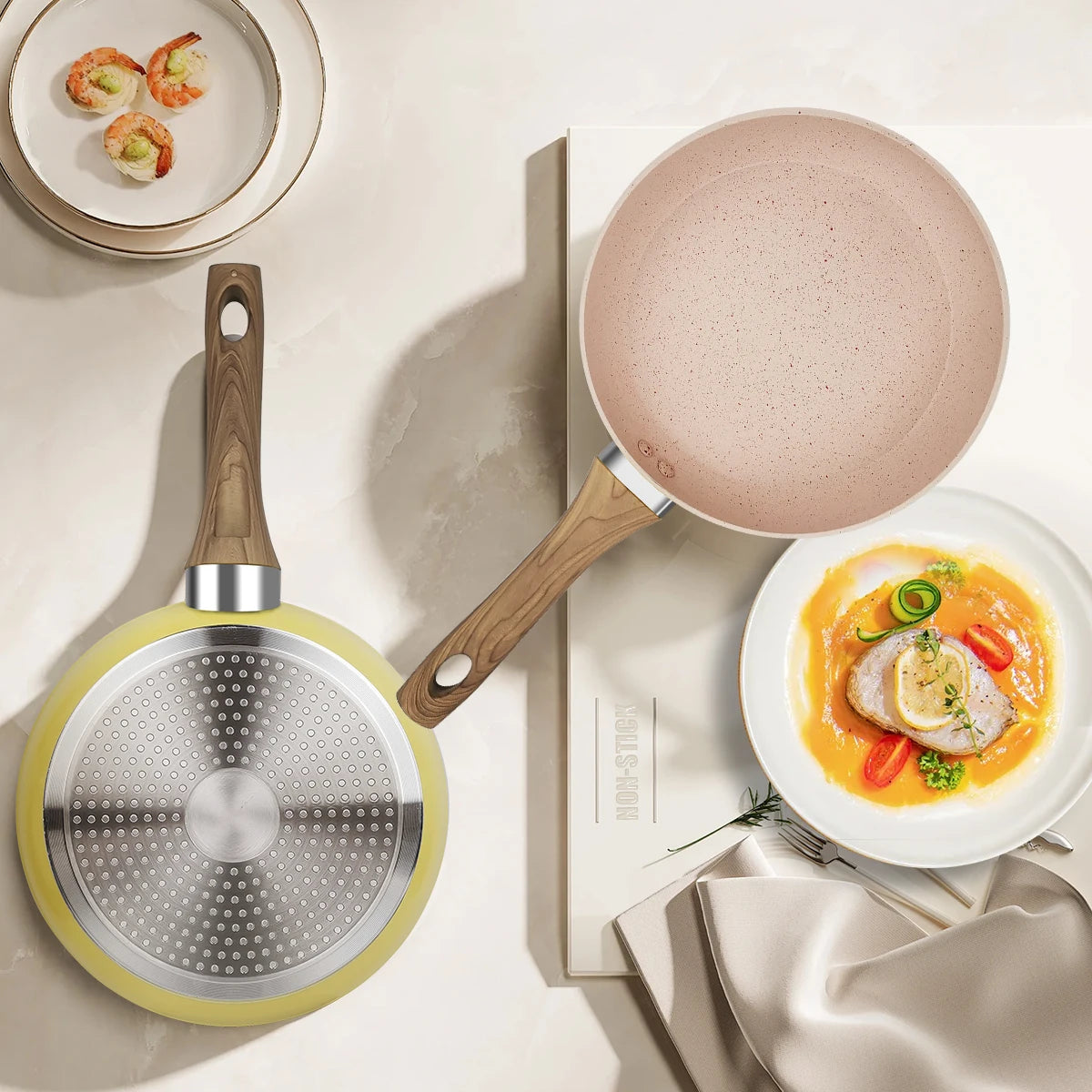 20/24/28cm Colorful Frying Pan with Wooden Handle, Nonstick