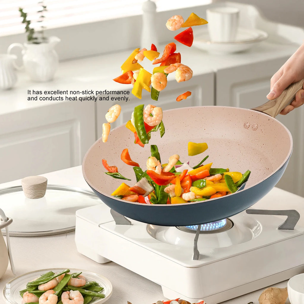 20/24/28cm Colorful Frying Pan with Wooden Handle, Nonstick