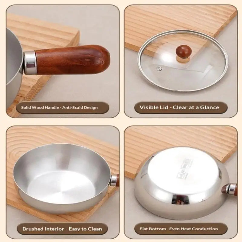 ♥Stainless Steel Cooking Pans with Wooden Handle & Glass Lid