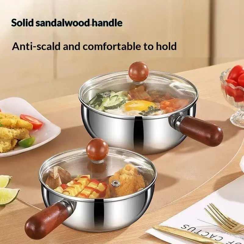 ♥Stainless Steel Cooking Pans with Wooden Handle & Glass Lid