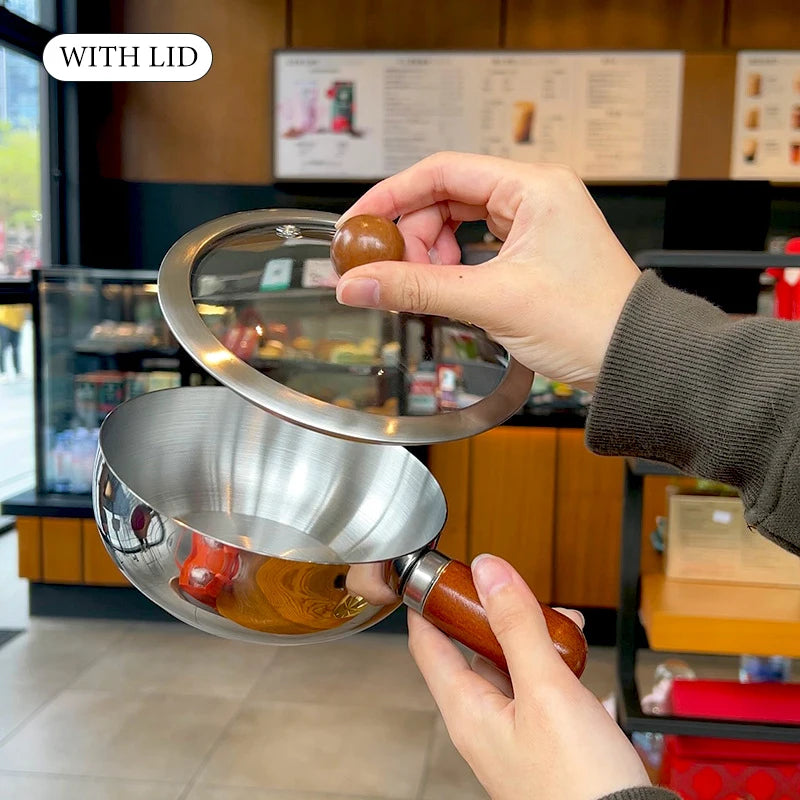 ♥Stainless Steel Cooking Pans with Wooden Handle & Glass Lid