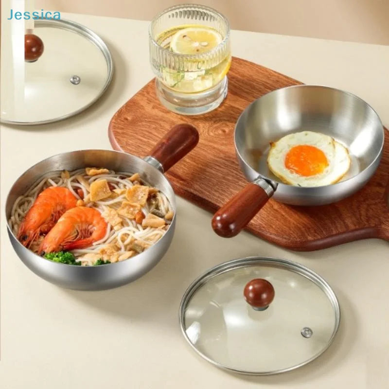 ♥Stainless Steel Cooking Pans with Wooden Handle & Glass Lid