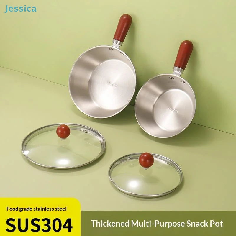 ♥Stainless Steel Cooking Pans with Wooden Handle & Glass Lid