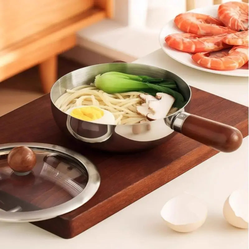 ♥Stainless Steel Cooking Pans with Wooden Handle & Glass Lid