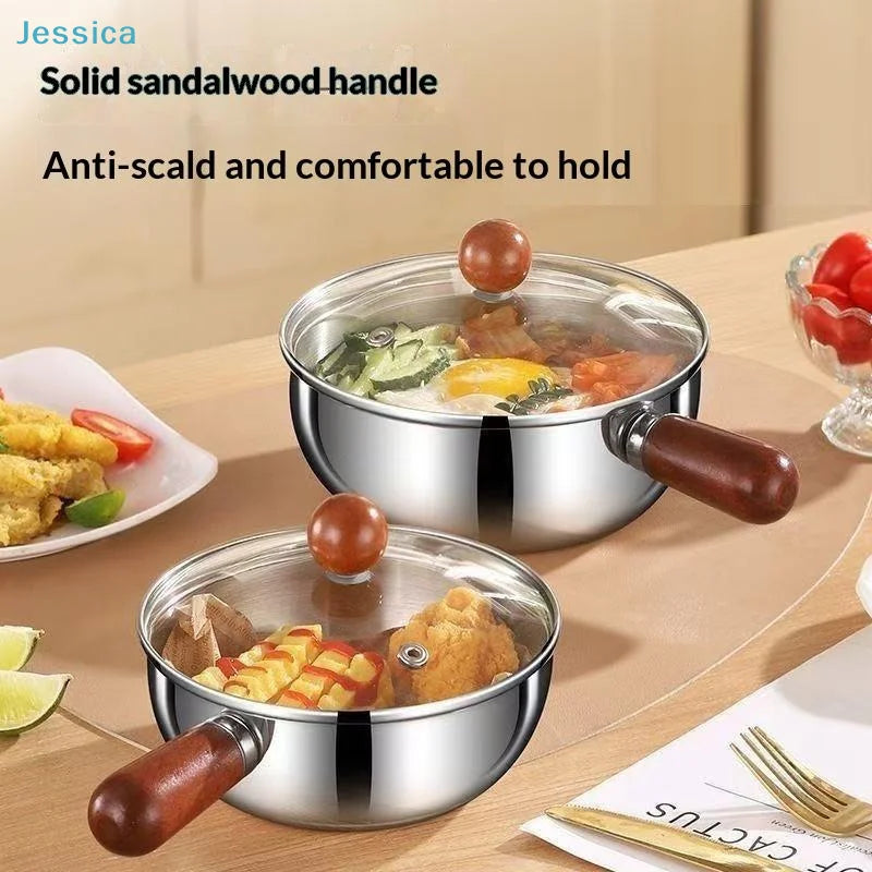 ♥Stainless Steel Cooking Pans with Wooden Handle & Glass Lid