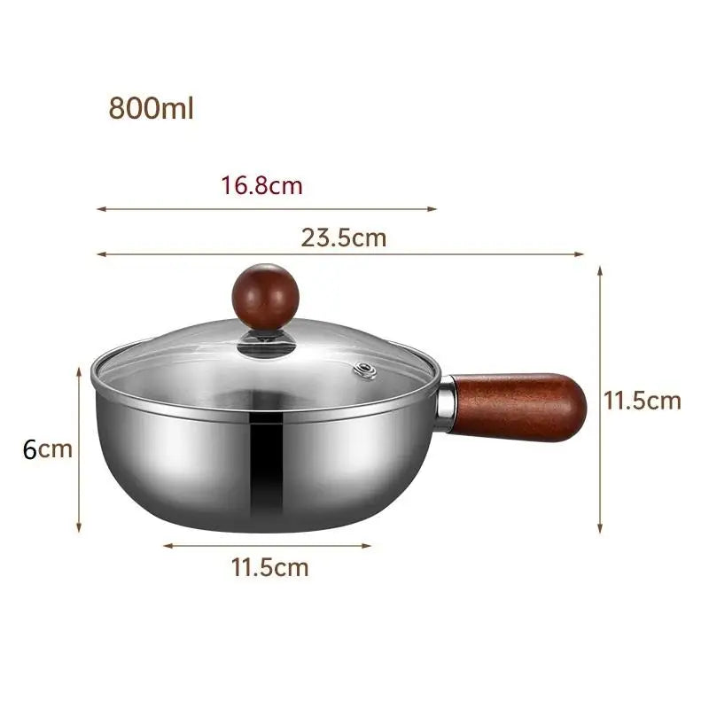 ♥Stainless Steel Cooking Pans with Wooden Handle & Glass Lid